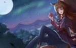  1girl animal_ears apple artist_request blurry blurry_background brown_hair fang food fruit highres holding holding_fruit holo long_hair looking_at_viewer night night_sky open_mouth pouch red_eyes sitting sky solo spice_and_wolf tail wind wolf_ears wolf_tail 