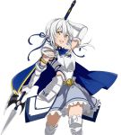  1girl arm_up armor armored_boots blue_ribbon boots breastplate character_request detached_sleeves floating_hair grey_skirt hair_between_eyes hair_ribbon holding holding_weapon long_hair polearm ribbon silver_hair simple_background skirt solo standing sword_art_online weapon white_background yellow_eyes 