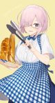  1girl alternate_costume apron bespectacled blue_skirt bread breasts casual checkered_apron fate/grand_order fate_(series) food glasses hair_over_one_eye hayashi_kewi koubeya_uniform large_breasts looking_at_viewer purple_hair shielder_(fate/grand_order) shirt short_hair short_sleeves skirt tongs violet_eyes white_shirt 