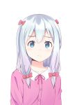  1girl arms_at_sides bangs blue_eyes blush bow closed_mouth collarbone commentary eromanga_sensei eyebrows_visible_through_hair hair_bow highres izumi_sagiri long_hair looking_at_viewer noven official_style pajamas pink_bow silver_hair simple_background solo upper_body white_background 