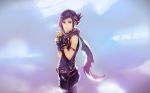  1girl absurdres arm_strap fingerless_gloves gloves highres looking_at_viewer multicolored_hair okuto original purple_hair scarf short_hair sleeveless solo standing two-tone_hair 
