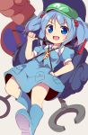  1girl backpack bag baku_ph blue_dress blue_eyes blue_hair boots boxing_gloves crowbar dress hair_bobbles hair_ornament hand_on_hip hat highres kawashiro_nitori long_hair open_mouth smile solo touhou twintails weapon 