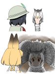  artist_request backpack bag black_hair blonde_hair bucket_hat coat commentary hat hat_feather head_wings kaban_(kemono_friends) kemono_friends multiple_girls northern_white-faced_owl_(kemono_friends) red_shirt serval_(kemono_friends) shirt short_hair wavy_hair white_hair 
