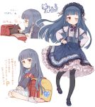  1girl 7010 ;) backpack bag bangs black_legwear blue_hair blush bobby_socks bow cat dress frilled_skirt frills hairband idolmaster idolmaster_cinderella_girls idolmaster_cinderella_girls_starlight_stage lace lace-trimmed_skirt lolita_fashion long_hair long_sleeves looking_at_viewer one_eye_closed open_mouth pantyhose randoseru red_eyes sajou_yukimi simple_background sitting skirt smile socks solo translation_request wariza white_background 