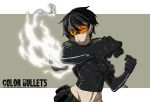  1girl abs black_hair clenched_hands color_bullets danielle_redford_(kamezaemon) elbow_gloves fighting_stance gloves goggles grey_eyes highres jacket kamezaemon navel one_eye_closed open_clothes open_jacket original short_hair simple_background skin_tight solo toned 