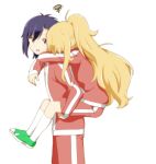  2girls ahoge blonde_hair blue_hair carrying clinging exhausted gabriel_dropout highres jacket jitome kuro_neko_(artist) long_hair multiple_girls pants piggyback ponytail shoes short_hair shorts sneakers squiggle sweat tenma_gabriel_white track_jacket track_pants track_uniform tsukinose_vignette_april violet_eyes 