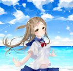  1girl blouse blue_skirt blue_sky blush breasts brown_eyes brown_hair closed_mouth clouds cloudy_sky commentary_request lib light_smile looking_at_viewer medium_breasts ocean one_side_up original outdoors outstretched_arms school_uniform serafuku short_sleeves skirt sky smile solo triangle upper_body white_blouse 