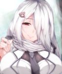  1girl bear_hair_ornament breasts commentary commentary_request girls_frontline hair_ornament hair_over_one_eye highres large_breasts long_hair looking_at_viewer necktie pk_(girls_frontline) red_eyes scarf silver_hair smile solo very_long_hair zuo_wei_er 