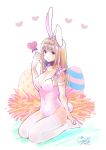  1girl absurdres animal_ears blonde_hair blue_eyes blue_nails breasts bunny_tail bunnysuit candy cleavage covered_navel easter_egg food geshumaro highres lollipop long_hair looking_at_viewer nail_polish original rabbit_ears seiza sitting smile solo tail thigh-highs white_legwear 