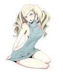  1girl bare_shoulders blonde_hair blue_eyes blush breasts eyelashes full_body gelze hair_ornament hairclip long_hair looking_at_viewer medium_breasts meme_attire open_mouth pale_skin persona persona_5 sideboob simple_background sitting solo takamaki_ann twintails virgin_killer_sweater white_background 