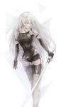  1girl android breasts closed_eyes elbow_gloves gloves highres holding holding_sword holding_weapon kachiino katana long_hair nier_(series) nier_automata pale_skin shorts simple_background solo standing sword torn_clothes weapon white_hair yorha_type_a_no._2 