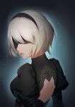  1girl absurdres arms_at_sides back_cutout black_dress black_hairband blindfold breasts covered_eyes dress from_behind grey_hair hair_over_eyes hairband highres juliet_sleeves lips long_sleeves looking_at_viewer looking_back lwh medium_breasts mole mole_under_mouth nier_(series) nier_automata nose parted_lips pink_lips puffy_sleeves short_hair silver_hair solo turtleneck twisted_neck upper_body yorha_no._2_type_b 