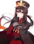  1boy aiguillette androgynous bangs black_hair blush cloak copyright_name eyebrows_visible_through_hair fate/grand_order fate_(series) floating_hair gloves grey_gloves hat long_hair looking_at_viewer low_ponytail male_focus mayachi_(amuriya) military military_hat military_uniform oda_nobukatsu_(fate/grand_order) oda_nobuyuki_(fate/grand_order) open_mouth parted_lips ponytail red_eyes sidelocks simple_background solo uniform upper_body white_background 