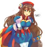  1girl blush breasts brown_hair dated eyebrows_visible_through_hair green_eyes hat iris_(rockman_x) iroyopon large_breasts long_hair looking_at_viewer open_mouth red_hat rockman rockman_x rockman_x4 signature smile solo 