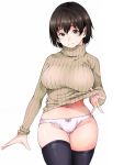  1girl artist_request black_legwear bob_cut bow bow_panties breasts brown_eyes brown_hair cowboy_shot highres large_breasts navel no_pants original outstretched_hand panties pink_panties ribbed_sweater shirt_lift short_hair simple_background solo sweater thigh-highs thigh_gap turtleneck underwear white_background 