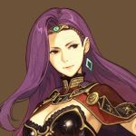  1girl breasts brown_background brown_eyes capelet cleavage earrings fire_emblem fire_emblem_echoes:_mou_hitori_no_eiyuuou hidari_(left_side) jewelry large_breasts lips long_hair official_art portrait purple_hair simple_background solo sonia_(fire_emblem_gaiden) tiara 