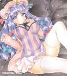  1girl bangs blue_bow blue_ribbon blunt_bangs blush bow breasts crescent dress erect_nipples hair_bow hat hat_ribbon large_breasts long_hair long_sleeves looking_at_viewer lying marker_(medium) mob_cap mugicha_(mugicha0929) on_back pajamas patchouli_knowledge purple_hair red_bow red_ribbon ribbon short_dress solo striped thigh-highs touhou traditional_media twitter_username vertical-striped_dress vertical_stripes violet_eyes white_legwear 