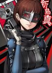  1girl bodysuit braid breasts brown_hair eyelashes gloves highres lips looking_at_viewer mask medium_breasts neko_sheep niijima_makoto persona persona_5 red_eyes scarf short_hair shoulder_pads shoulder_spikes solo spikes text upper_body weapon 
