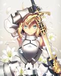  1girl armor artoria_pendragon_(all) blonde_hair caliburn drawing dress elbow_gloves fate/grand_order fate/stay_night fate/unlimited_codes fate_(series) flower gloves green_eyes highres magicians_(zhkahogigzkh) petals saber saber_lily short_hair solo sword watermark weapon 