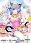  1girl alcohol animal_ears apron arms_up bangs bare_shoulders bell blue_eyes blue_hair blue_sky blush bow braid breasts cake cake_stand cat_ears cat_girl cat_tail champagne champagne_flute checkerboard_cookie cleavage closed_mouth clouds cloudy_sky collar company_name cookie copyright_name covered_navel cup cupcake day detached_sleeves dress drinking_glass flower food food_on_face frilled_apron frilled_dress frilled_sleeves frills fruit gearous glint holding holding_food horizontal-striped_legwear hydrangea jingle_bell lace leg_up light_bulb long_hair looking_at_viewer macaron maid_headdress medium_breasts official_art orange orange_slice paw_print pink_collar pink_dress pink_flower pink_rose purple_flower qurare_magic_library raised_eyebrows rose see-through shiny shiny_skin single_braid sky slice_of_cake smile solo sprinkles standing standing_on_one_leg star strawberry strawberry_shortcake striped striped_legwear swept_bangs swiss_roll tail text thigh-highs tiered_tray tongue tongue_out waist_apron white_apron white_legwear window yellow_bow 