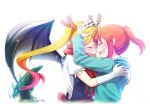  2girls :d artist_name blonde_hair blush closed_eyes dragon_girl dragon_tail fang glasses hand_on_another&#039;s_head horns hug kobayashi-san_chi_no_maidragon kobayashi_(maidragon) light_background long_hair maid maid_headdress multiple_girls nightea open_mouth ponytail red_scarf redhead scarf short_hair simple_background smile tail tears tooru_(maidragon) twintails upper_body white_background wings 