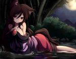 1girl absurdres animal_ears bamboo bamboo_forest bare_shoulders blouse breasts brooch brown_hair collarbone dior-zi dress forest full_moon highres imaizumi_kagerou jewelry large_breasts light_smile long_sleeves looking_at_viewer moon moonlight nature off_shoulder red_eyes red_skirt skirt solo tail touhou wet wet_clothes wide_sleeves wolf_ears wolf_tail 