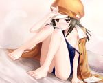  +1girl +legs +long_legs +off_shoulder +solo bakemonogatari barefoot bed brown_eyes brown_hair hot jacket_on_shoulders monogatari_(series) one-piece_swimsuit school_swimsuit sengoku_nadeko sweat sweatdrop sweating_profusely swimsuit thermometer tonoimo wet wiping_sweat 