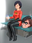  1girl black_hair blush bodysuit boots bottle cosplay costume disney domino_mask enkaboots gloves happy helen_parr high_heel_boots high_heels kigurumi knee_boots latex latex_suit mask parody pixiv shiny short_hair sitting smile solo spandex sweat sweating the_incredibles thigh-highs thigh_boots water_bottle wet_clothes 