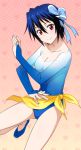  1girl blue_bow blue_hair blue_leotard blue_shoes bow breasts cleavage collarbone hair_bow leotard looking_at_viewer medium_breasts mole mole_under_eye nisekoi red_eyes shoes short_hair smile solo tsugumi_seishirou 