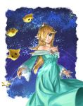  1girl athenawyrm bare_shoulders blonde_hair blue_eyes blush breasts chiko_(mario) crown dress earrings hair_over_one_eye highres jewelry long_hair looking_at_viewer super_mario_bros. open_mouth rosetta_(mario) smile star super_mario_bros. super_mario_galaxy 