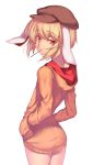  1girl animal_ears blonde_hair cowboy_shot eating eyebrows_visible_through_hair flat_cap floppy_ears hands_in_pockets hat hood hooded_sweater hoodie kaiza_(rider000) long_sleeves looking_at_viewer looking_back rabbit_ears red_eyes ringo_(touhou) short_hair simple_background solo standing sweater touhou white_background 