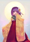  1girl ainy77 backlighting covering_mouth flower furisode hair_flower hair_ornament hakama hieda_no_akyuu highres japanese_clothes kimono meiji_schoolgirl_uniform off_shoulder purple_hair red_hakama solo touhou violet_eyes 