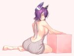  1girl aran_sweater ass backless_outfit bangs bare_back bare_legs barefoot blush box breasts butt_crack closed_mouth dress eyepatch feet from_behind full_body grey_sweater hair_over_one_eye halterneck headgear kantai_collection large_breasts looking_at_viewer meme_attire naked_sweater pink_background purple_hair ribbed_dress ribbed_sweater shiny shiny_hair short_hair sideboob simple_background sitting solo sweater sweater_dress tenryuu_(kantai_collection) turtleneck turtleneck_sweater virgin_killer_sweater yellow_eyes yokozuwari yuuji_(and) 