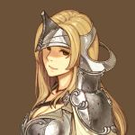  1girl armor blonde_hair breasts brown_background brown_eyes cleavage curly_hair damaged fire_emblem fire_emblem_echoes:_mou_hitori_no_eiyuuou helmet hidari_(left_side) jewelry large_breasts lips long_hair matilda_(fire_emblem) necklace official_art portrait sidelocks simple_background smile solo wavy_hair 