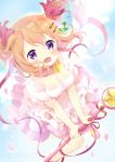  1girl :d blush bow bowtie breasts card_captor_sakura cherry_blossoms cleavage collarbone cosplay dress gochuumon_wa_usagi_desu_ka? hair_ornament highres hoshi_no_tsue hoto_cocoa kinomoto_sakura kinomoto_sakura_(cosplay) looking_at_viewer magical_girl medium_breasts neki_(wakiko) open_mouth orange_hair petals short_hair smile solo star tied_hair twintails violet_eyes wand 