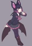  1girl bat_ears bat_girl bat_wings boots bow fangs grey_background kemono_friends miniskirt momosuke_(ishakry) multicolored_hair open_mouth pantyhose pink_eyes pink_hair purple_hair simple_background skirt solo two-tone_hair vampire_bat_(kemono_friends) wings 