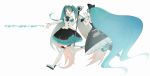  2017 absurdres boots detached_sleeves dress frilled_skirt frills gloves green_eyes green_hair hair_ornament hair_ribbon hatsune_miku headphones highres long_hair looking_at_viewer microphone musical_note open_mouth ribbon skirt smile tanaka_miz thigh-highs thigh_boots twintails very_long_hair vocaloid waistcoat white_background wire 