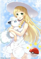  1girl alola_form bangs blonde_hair blue_ribbon blunt_bangs braid collared_dress dress green_eyes hat hat_ribbon highres kinakomochi_(egoist) lillie_(pokemon) long_hair open_mouth pokemon_(creature) pokemon_sm_(anime) ribbon sleeveless sleeveless_dress smile sun_hat sundress twin_braids vulpix white_dress white_hat 