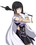  1girl black_hair black_skirt breastplate cape character_request collarbone cowboy_shot looking_at_viewer miniskirt mole mole_under_eye pleated_skirt short_hair simple_background skirt solo standing sword_art_online violet_eyes white_background white_cape 