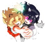  2girls animal_ears antlers black_hair blonde_hair fur_collar glowing glowing_eyes hand_holding highres kemono_friends lion_(kemono_friends) lion_ears long_hair long_sleeves looking_at_viewer meth_(emethmeth) moose_(kemono_friends) moose_ears multiple_girls oono_tsutomu open_mouth orange_eyes pantyhose pleated_skirt school_uniform serafuku short_sleeves simple_background skirt teeth thigh-highs violet_eyes white_background 