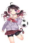  1girl ;o ahoge ball bike_shorts blush brown_hair cleats flower hair_flower hair_ornament highres long_hair looking_at_viewer manle official_art one_eye_closed plaid plaid_skirt school_uniform serafuku skirt soccer_ball soccer_spirits socks solo standing standing_on_one_leg sweatdrop tina_(soccer_spirits) twintails violet_eyes white_legwear 