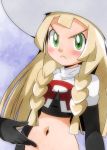  1girl alternate_costume angry bangs black_gloves blonde_hair blunt_bangs blush braid cosplay elbow_gloves frown gloves hainchu hand_on_another&#039;s_stomach hat lillie_(pokemon) long_hair midriff musashi_(pokemon) musashi_(pokemon)_(cosplay) navel pokemon pokemon_(anime) stomach sun_hat sweatdrop team_rocket team_rocket_(cosplay) twin_braids upper_body 