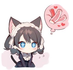  +_+ 1girl animal_ears black_hair blue_eyes blush cat_ears cat_girl cat_tail chibi cyan_(show_by_rock!!) frilled_hairband gothic_lolita heart lolita_fashion lowres maid_headdress mayachi_(amuriya) ringlets short_hair show_by_rock!! solo tail thought_bubble 