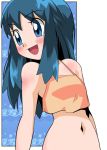  1girl :d alternate_costume arms_up bare_shoulders blue_eyes blush crop_top hainchu hikari_(pokemon) looking_to_the_side midriff navel open_mouth pokemon pokemon_(anime) smile solo stomach upper_body 