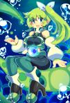  1girl blue_eyes blush bodysuit bow breasts character_request copyright_request crystal detached_sleeves eyebrows_visible_through_hair green_hair green_legwear hair_bow iroyopon large_breasts long_hair long_sleeves looking_at_viewer open_mouth side_ponytail smile solo thigh-highs triangle_mouth underwater water white_bow 