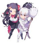  2girls :o ;) animal_ears arm_up armpit_peek bad_id bad_twitter_id bare_shoulders bear_ears bear_paw_hammer belt bergman&#039;s_bear_(kemono_friends) black_boots black_footwear black_gloves black_hair black_legwear black_skirt blush boots bow breasts coat collar dot_nose drawstring elbow_gloves error eyebrows_visible_through_hair fingerless_gloves from_above fur-trimmed_boots fur-trimmed_coat fur-trimmed_sleeves fur_collar fur_trim gloves hair_between_eyes hair_bow hair_ornament hand_on_forehead height_difference heiwa_(murasiho) holding holding_weapon kemono_friends large_breasts long_hair long_sleeves looking_at_another looking_away looking_to_the_side multicolored multicolored_clothes multicolored_gloves multiple_girls neck_ribbon one_eye_closed open_mouth pantyhose pink_belt pink_bow pink_ribbon pleated_skirt pocket polar_bear_(kemono_friends) pom_pom_(clothes) red_eyes ribbon salute shirt short_hair sidelocks simple_background skirt sleeveless sleeveless_shirt smile standing tareme triangle_mouth tsurime very_long_hair violet_eyes weapon white_background white_boots white_coat white_footwear white_gloves white_hair white_legwear white_shirt white_skirt 