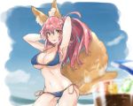 1girl animal_ears bikini blue_bikini breasts cleavage fang_out fate/extella fate/extra fate/grand_order fate_(series) fox_ears fox_tail groin hand_in_hair large_breasts long_hair looking_at_viewer navel open_mouth pink_hair riku_hamano solo swimsuit tail tamamo_(fate)_(all) tamamo_no_mae_(swimsuit_lancer)_(fate) yellow_eyes 