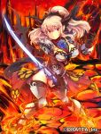  1girl armor blonde_hair blue_rose breasts character_request cleavage copyright_request eyebrows_visible_through_hair flower holding holding_sword holding_weapon horns iroyopon large_breasts long_hair looking_at_viewer orange_eyes ponytail rose solo sword weapon 