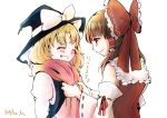  2girls ^_^ arms_behind_back bare_shoulders blonde_hair blush bow brown_hair closed_eyes commentary detached_sleeves dressing_another face-to-face grin hair_bow hair_tubes hakurei_reimu happy hat hidden_star_in_four_seasons juliet_sleeves kirisame_marisa long_hair long_sleeves multiple_girls papiko_(papiko8901) pink_scarf profile puffy_sleeves scarf sideways_mouth signature smile touhou translated vest wavy_hair witch_hat 