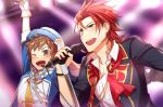  2boys :d ;) alternate_costume arm_up blush brown_eyes collarbone gran_(granblue_fantasy) granblue_fantasy hair_slicked_back idol jacket kimi_to_boku_no_mirai long_sleeves male_focus microphone multiple_boys one_eye_closed open_clothes open_jacket open_mouth percival_(granblue_fantasy) red_eyes redhead smile stage_lights the_dragon_knights upper_body wa_ga_ne 